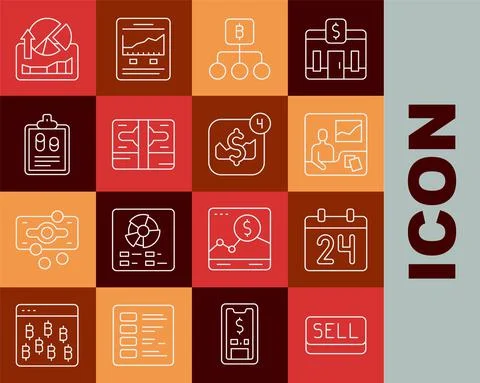 Set line Sell button, Calendar, Trading courses, Blockchain technology Bitcoin Illustrazione stock