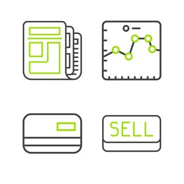 Set line Sell button, Credit card, Browser with growth graph and Stock mark.. Stock Illustration