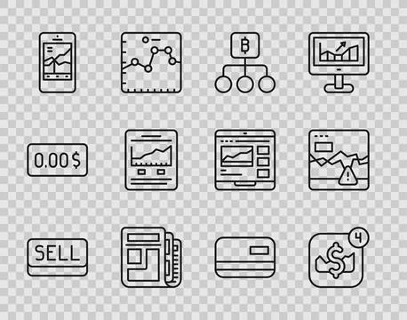 Set line Sell button, Mobile stock trading, Blockchain technology Bitcoin, .. Stock Illustration