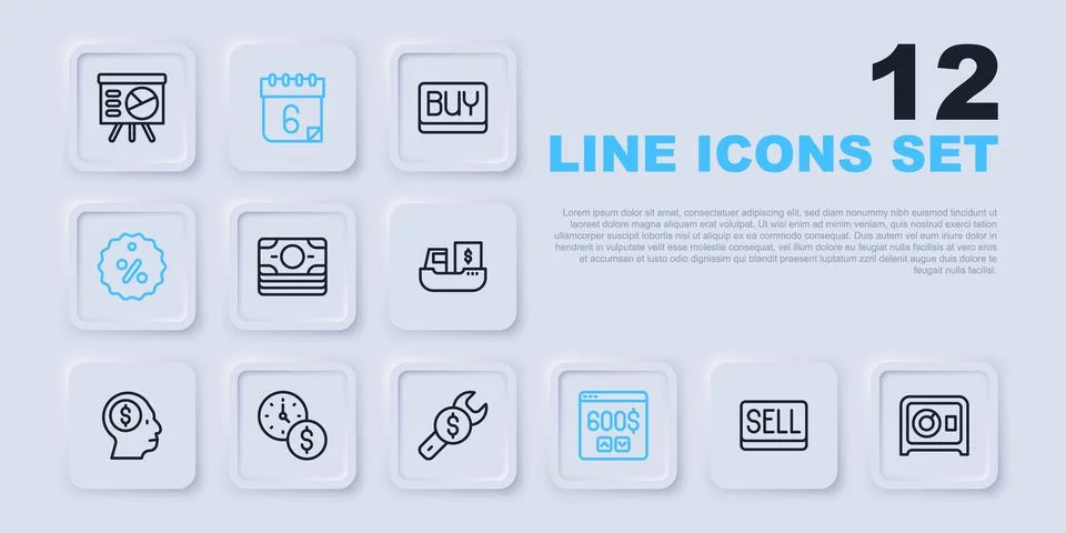 Set line Sell button, Safe, Stacks paper money cash, Monitor with dollar, D.. Illustrazione stock