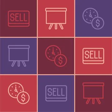 Set line Sell button, Time is money and Chalkboard icon. Vector Stock Illustration
