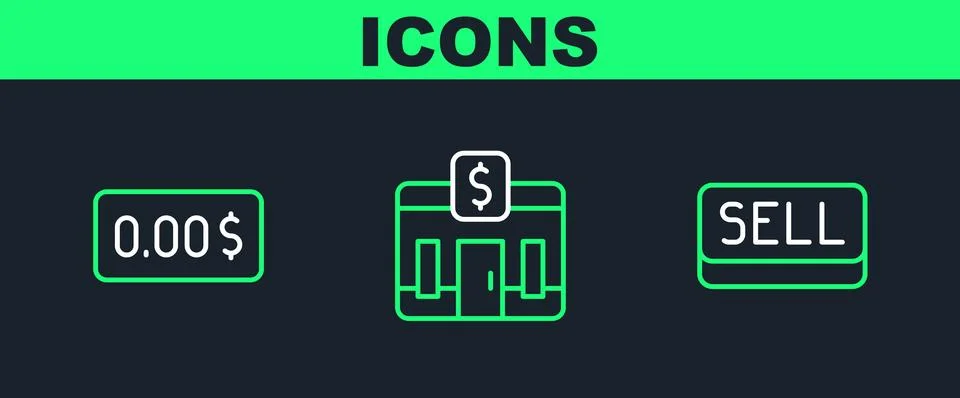 Set line Sell button, Zero cost and Bank building icon. Vector Stock Illustration