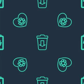 Set line Send to the trash, Eco friendly heart and Battery on seamless patter Stock Illustration