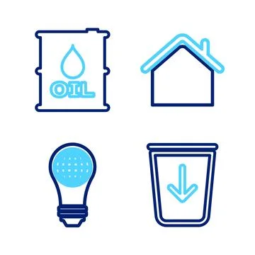 Set line Send to the trash Light bulb with world globe House and Oil barrel i Illustrazione stock