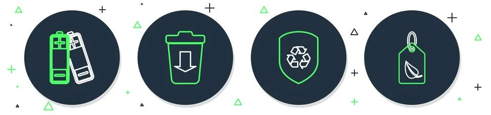 Set line Send to the trash, Recycle inside shield, Battery and Tag with lea.. Stock Illustration