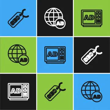 Set line SEO optimization, Advertising and icon. Vector Stock Illustration