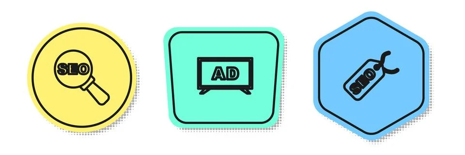 Set line SEO optimization, Advertising and . Colored shapes. Vector Illustrazione stock