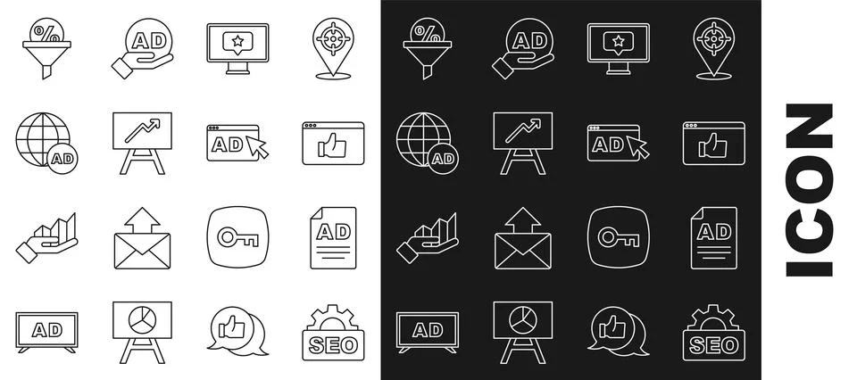 Set line SEO optimization, Advertising, Customer product rating, Monitor with Illustrazione stock