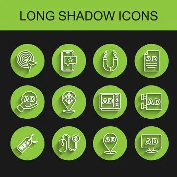 Set line SEO optimization, Advertising, Target, and icon. Vector Stock Illustration