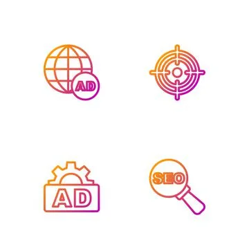 Set line SEO optimization, Advertising, and Target. Gradient color icons. Vector 스톡 일러스트