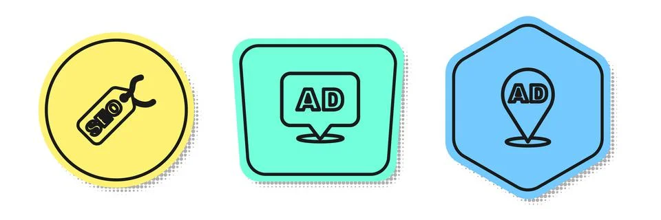 Set line SEO optimization, Advertising and . Colored shapes. Vector Stockillustratie