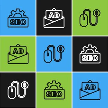 Set line SEO optimization, Advertising and icon. Vector Stock Illustration