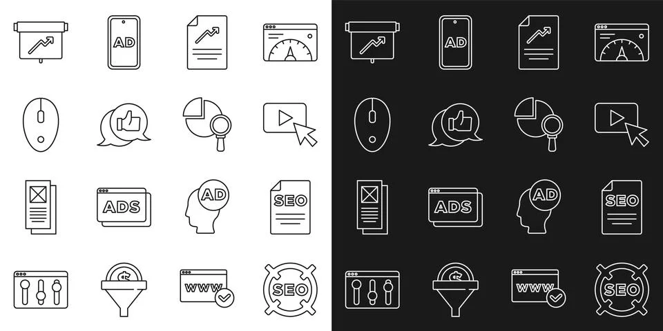 Set line SEO optimization, Advertising, Document with graph chart, Customer p Stock Illustration
