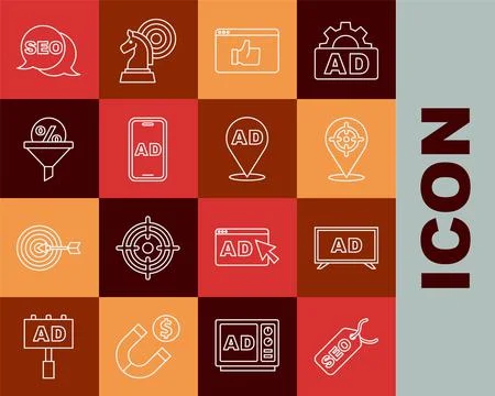 Set line SEO optimization, Advertising, Target, Customer product rating, Lead 스톡 일러스트