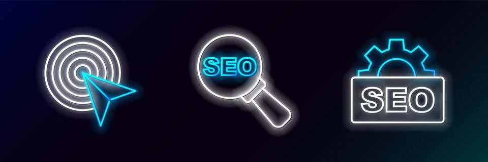 Set line SEO optimization, Advertising and icon. Glowing neon. Vector Stock Illustration