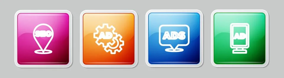 Set line SEO optimization, Advertising, and . Colorful square button. Vector Illustrazione stock