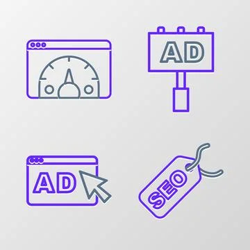 Set line SEO optimization, Advertising, and Website statistic icon. Vector イラスト素材