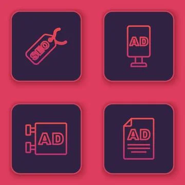 Set line SEO optimization, Advertising,  and . Blue square button. Vector Stock Illustration