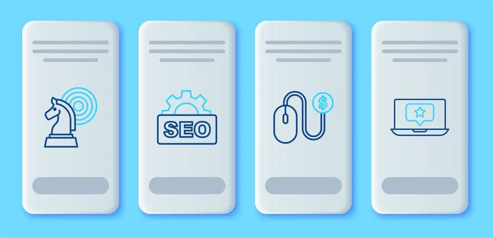 Set line SEO optimization, Advertising, Chess and Laptop with star icon. Vector イラスト素材