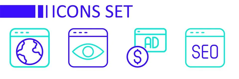Set line SEO optimization Advertising Personal information collection and Wor Illustrazione stock