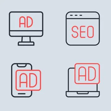 Set line SEO optimization, Advertising,  and  icon. Vector Illustrazione stock