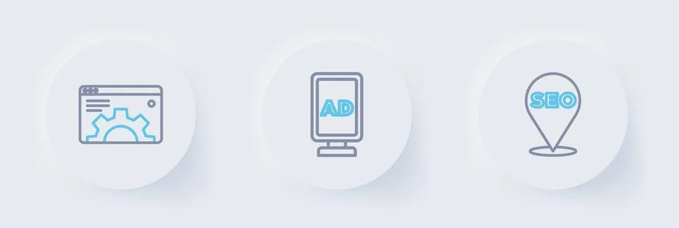 Set line SEO optimization, Advertising and Browser setting icon. Vector Stock Illustration