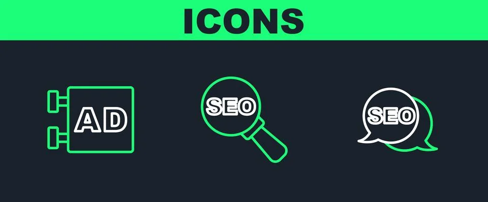 Set line SEO optimization, Advertising and  icon. Vector Illustrazione stock