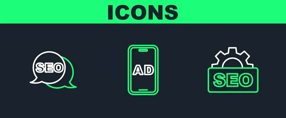 Set line SEO optimization, and Advertising icon. Vector Stock Illustration