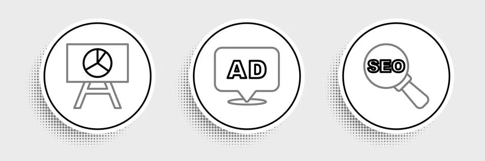 Set line SEO optimization, Board with graph chart and Advertising icon. Vector Illustrazione stock