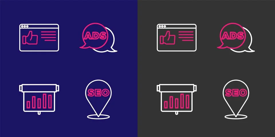 Set line SEO optimization, Board with graph chart, Advertising and Browser .. Stock Illustration