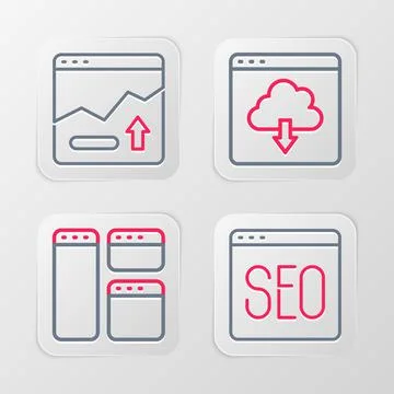 Set line SEO optimization, Browser window, Cloud download and Financial growt Stockillustratie