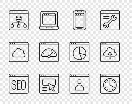 Set line SEO optimization, Browser window, Mobile phone, UI or UX design, S.. 스톡 일러스트