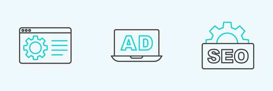 Set line SEO optimization, Browser setting and Advertising icon. Vector 스톡 일러스트