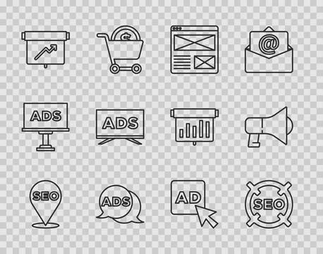 Set line SEO optimization, Browser window, Advertising, Board with graph ch.. Stock Illustration