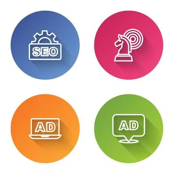 Set line SEO optimization, Chess, Advertising and . Color circle button. Vector Illustrazione stock