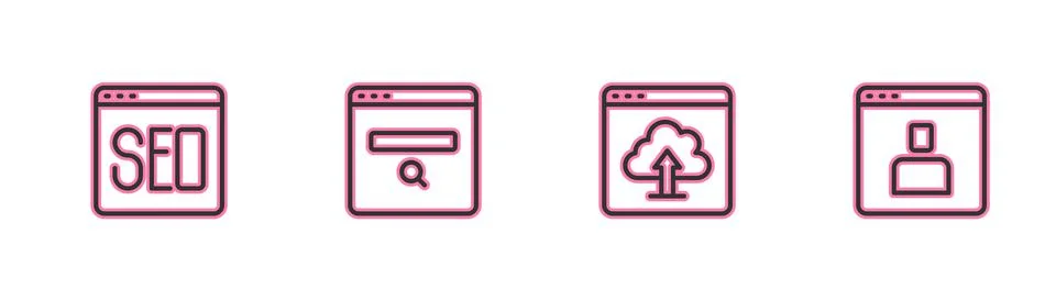 Set line SEO optimization, Cloud upload, Search engine and Create account screen Ilustración de archivo