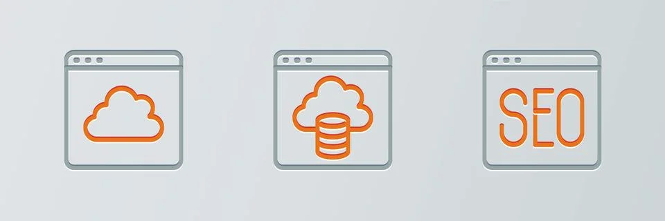Set line SEO optimization, Cloud technology data transfer and icon. Vector Stock Illustration