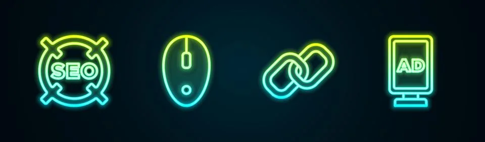Set line SEO optimization, Computer mouse, Chain link and Advertising. Glow.. Illustrazione stock