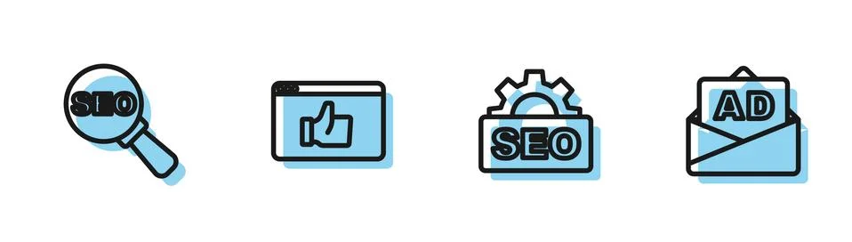 Set line SEO optimization, , Customer product rating and Advertising icon Illustrazione stock