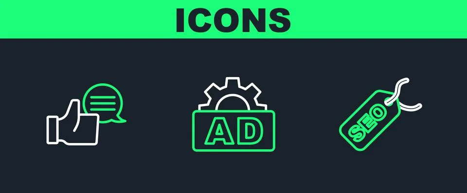 Set line SEO optimization, Customer product rating and Advertising icon. Vector 스톡 일러스트