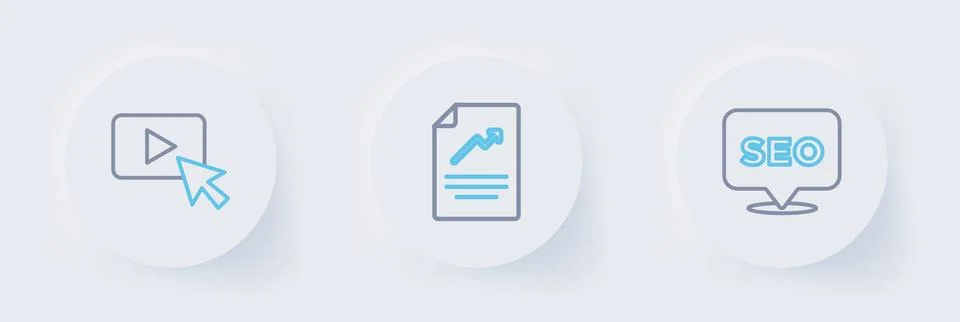 Set line SEO optimization, Document with graph chart and Advertising icon. .. Stock Illustration