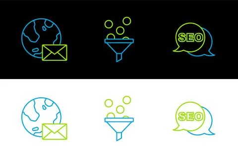 Set line SEO optimization, Earth globe with mail and Lead management icon Illustrazione stock