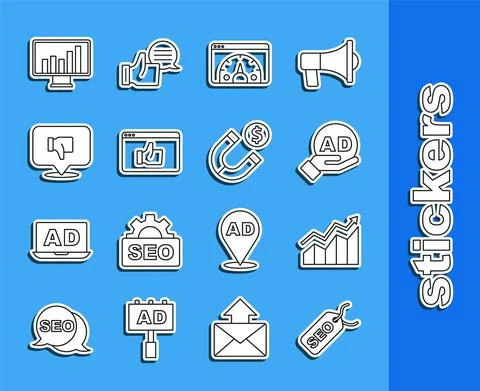 Set line SEO optimization, Financial growth increase, Advertising, Website Stock Illustration