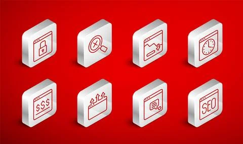 Set line SEO optimization, Financial growth decrease, Browser window, New c.. Stock Illustration