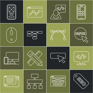 Set line SEO optimization, Front end development, UI or UX design, Site map Stock Illustration