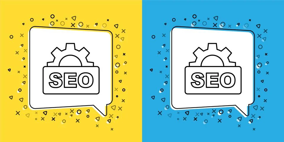 Set line SEO optimization icon isolated on yellow and blue background. Vector Illustrazione stock