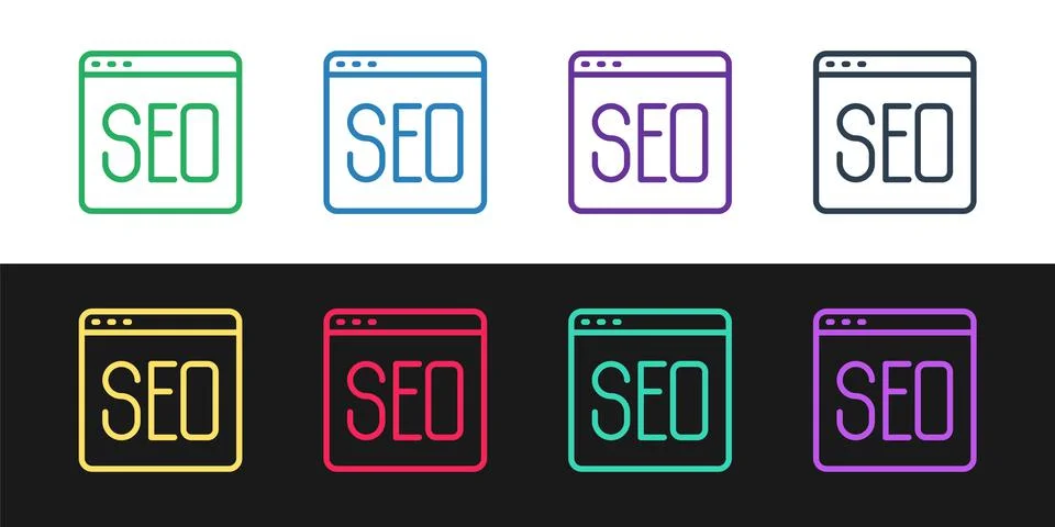 Set line SEO optimization icon isolated on black and white background. Vector Stock Illustration