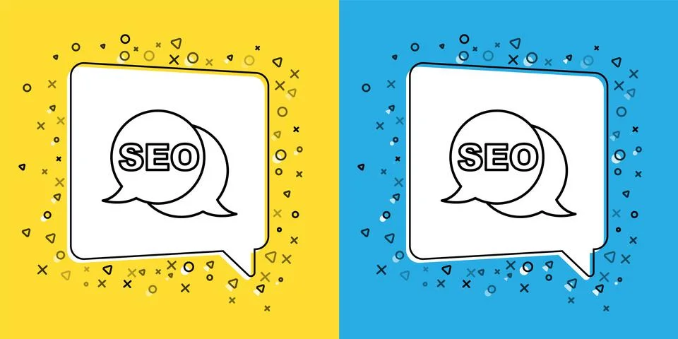 Set line SEO optimization icon isolated on yellow and blue background. Vector Illustrazione stock