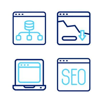 Set line SEO optimization, Laptop with browser window, Financial growth decrease 库存插图