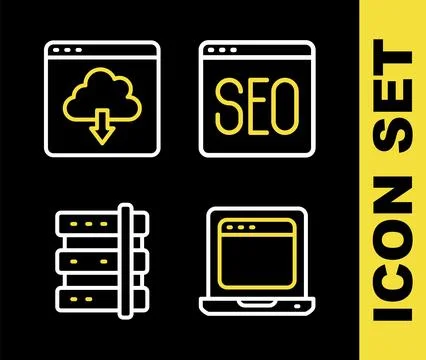 Set line SEO optimization, Laptop with browser window, Server and Cloud download Stockillustratie